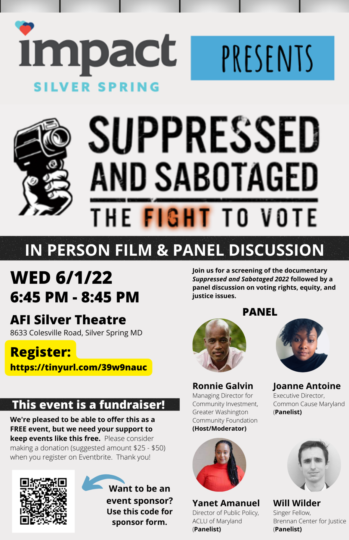 IMPACT presents Suppressed and Sabotaged documentary screening and panel discussion. The event is Wednesday, June 1, 2022, from 6:45 p.m. to 8:45 p.m. at AFI Silver Theater in Silver Spring, Maryalnd. Flyer has headshots of panelists and their titles.