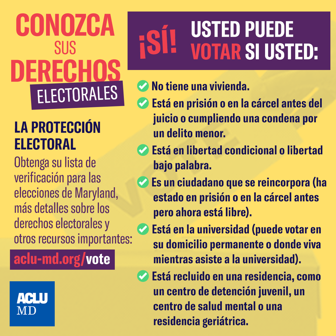 Conozca sus derechos electorales. Sí, usted puede votar si usted: no tiene una vivienda; está en prisión o en la cárcel antes del juicio; está en libertad condicional; es un ciudadano que se reincorpora; está en la universidad; está recluido en una reside