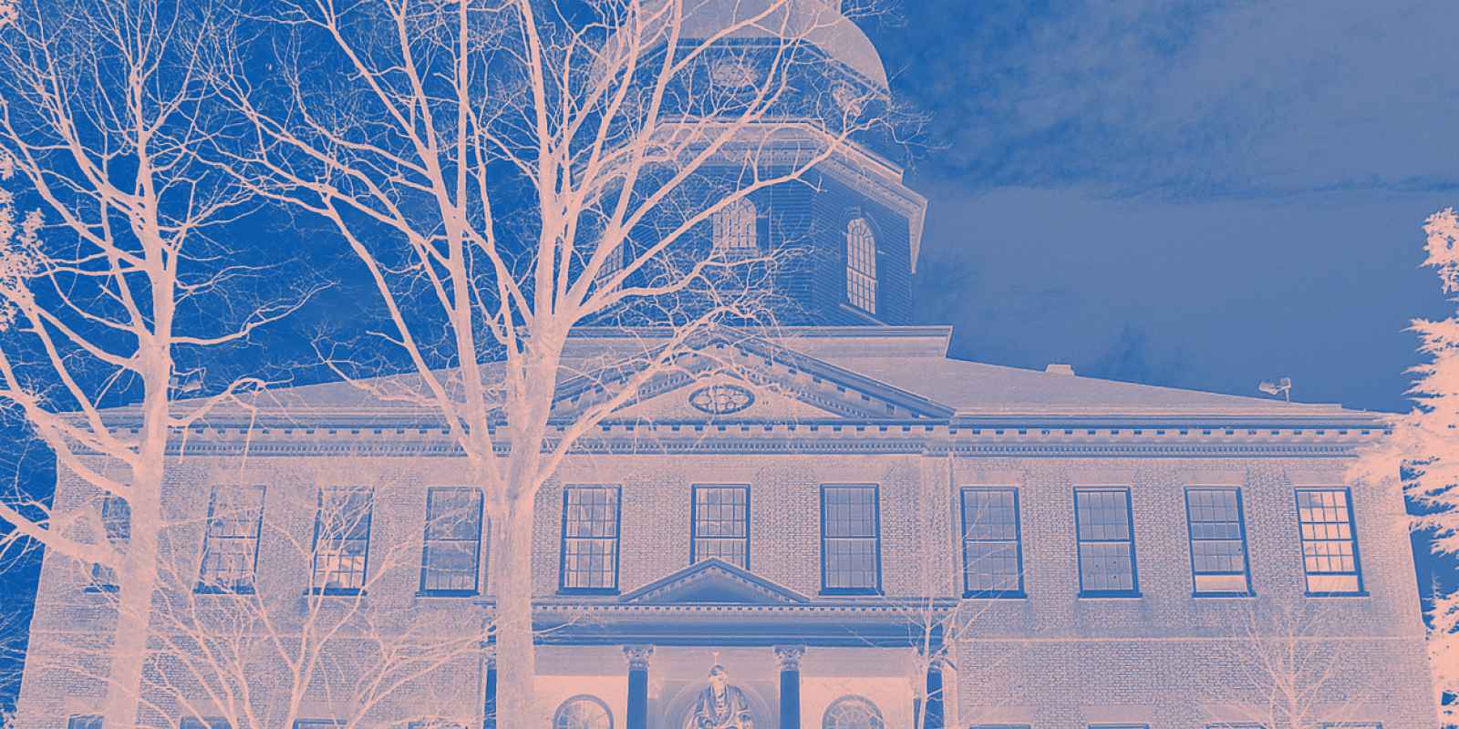 Maryland State House in Annapolis has a bitmap treatment over it with pink and blue angled lines.