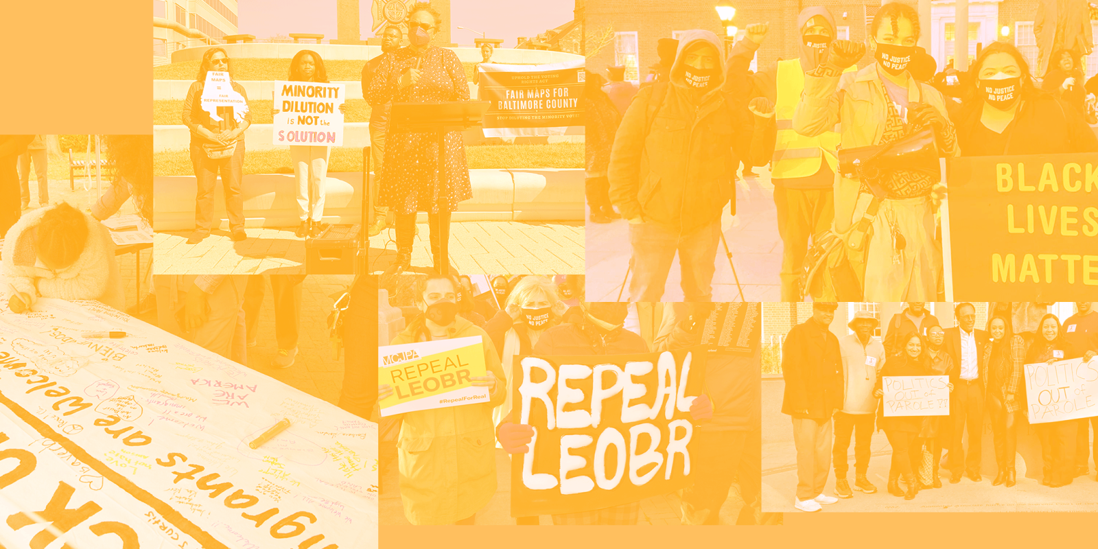Collage of activist photos with a dark orange overlay.