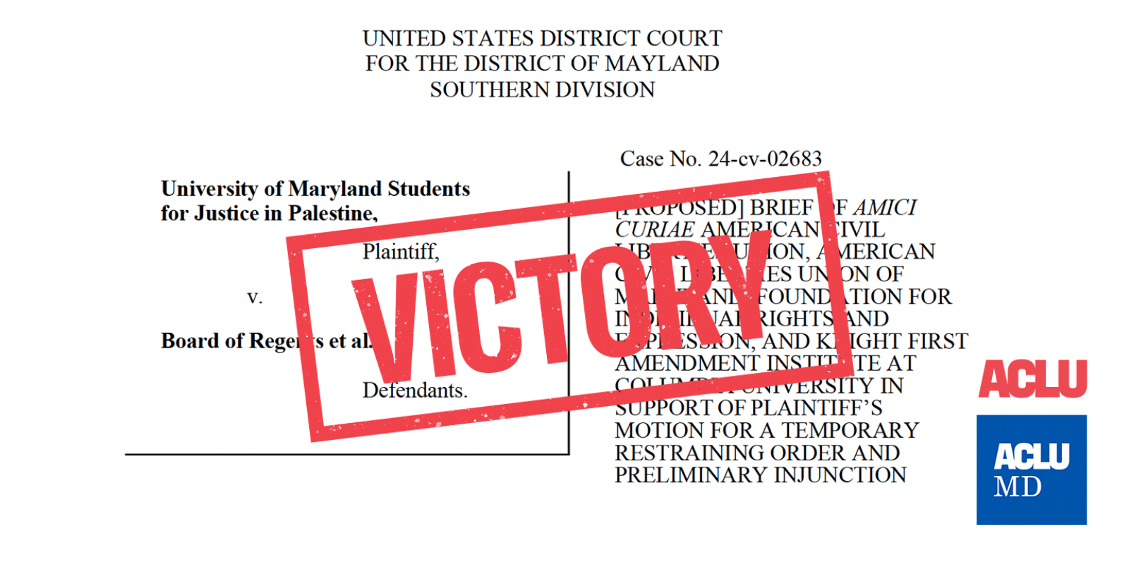 VICTORY stamp over an amicus brief filed supporting University of Maryland students' free speech rights supporting Palestine.