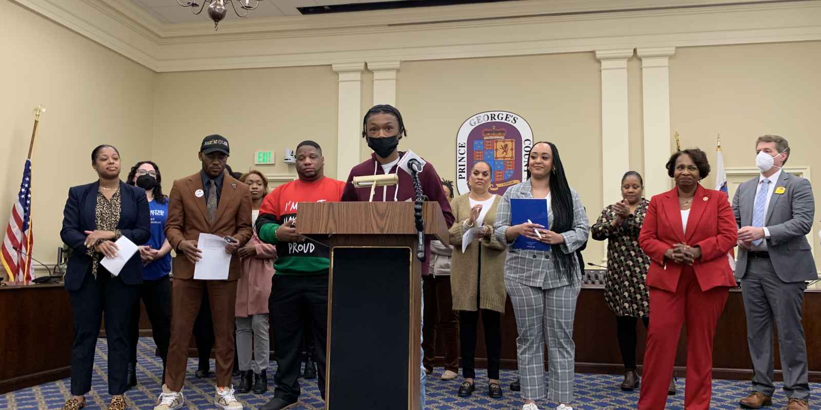 Group of advocates and Maryland residents gather at a press conference in Annapolis about a bill to end police stops and searches. Photo credit: Meredith Curtis Goode.