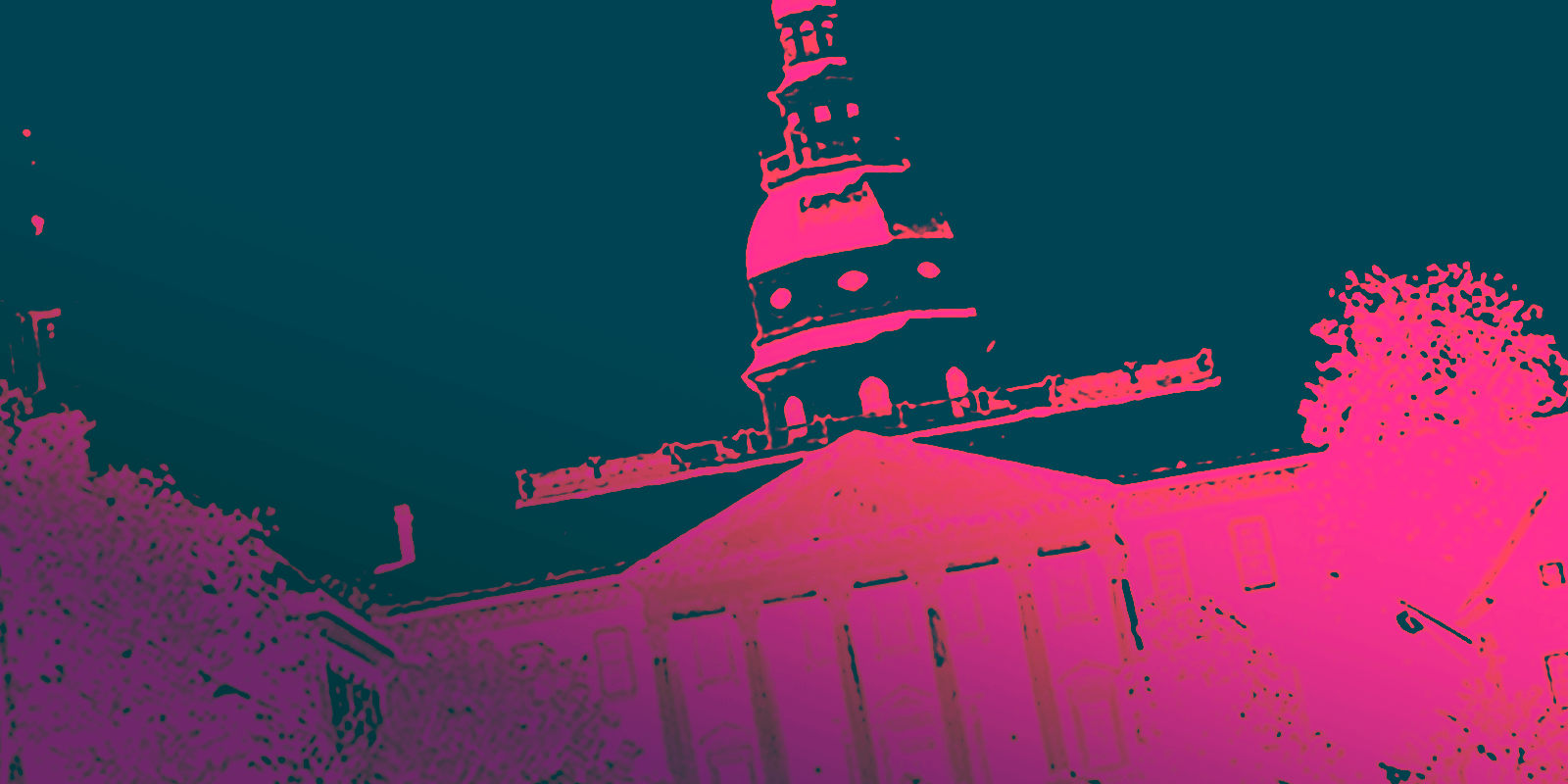 Maryland State House with a magenta filter and dark green background.