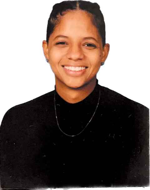 Aimy Avila is a Black-Latina woman with medium skin tone. She has her hair pulled back, is smiling at the camera, and is wearing a black mock-neck shirt. The background is all white.