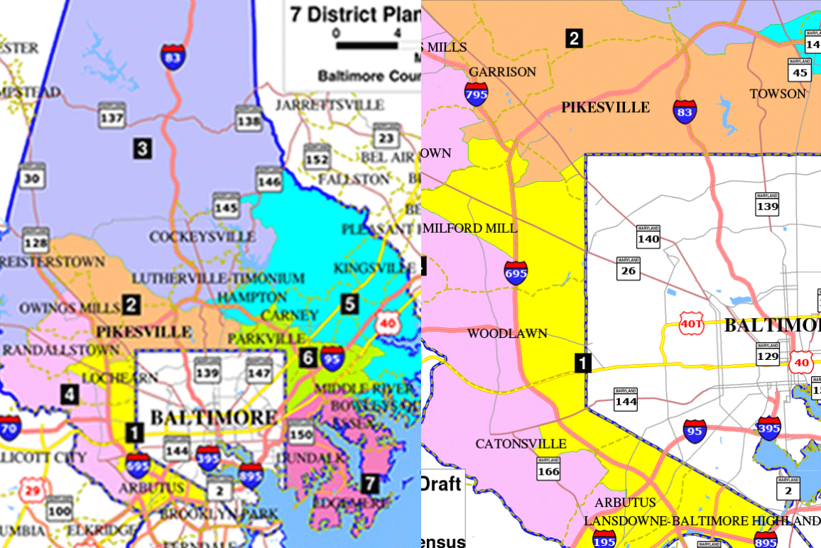 NAACP and ACLU-MD proposed redistricting plan for Baltimore County. Maps show the whole county with 7 districts, and a detail map with 2 majority-Black districts.