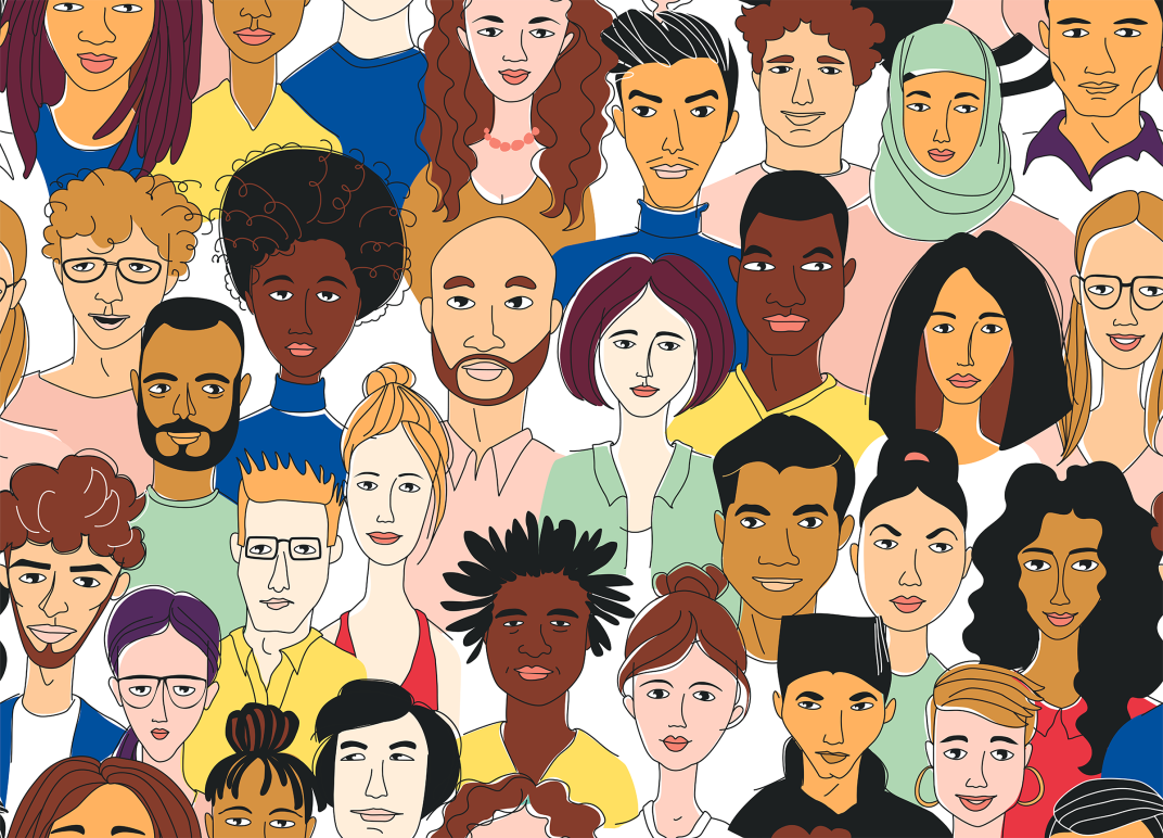 Illustration of a multiracial group of people with the ACLU color palette.