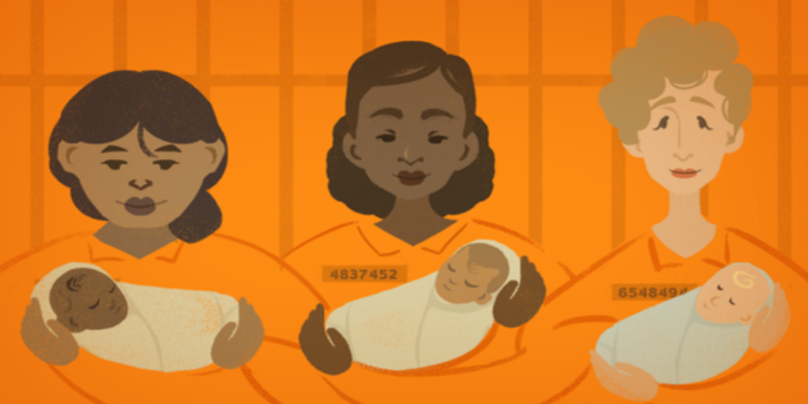 An illustration with three women, Brown, Black, and white, holding babies, with an orange background.