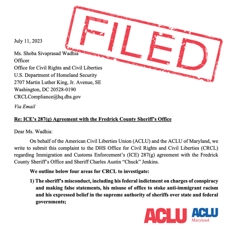 Screenshot of the first page of a federal complaint to the Department of Homeland Security office for Civil Rights and Civil Liberties from the ACLU and ACLU of Maryland. There is a FILED stamp over the image and logos from ACLU and ACLU-MD.