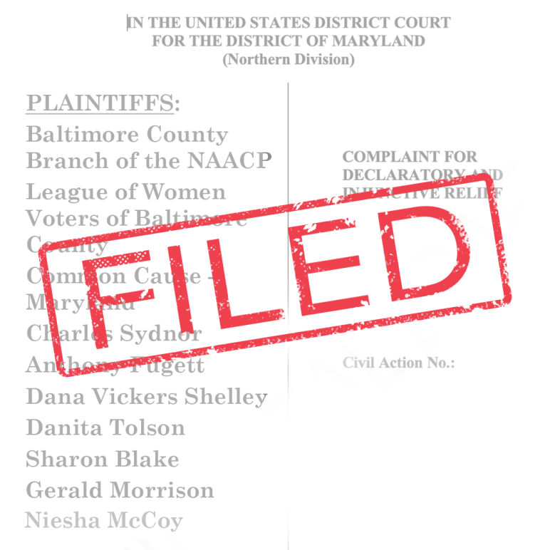 The background is the first page of a filed complaint for a lawsuit against Baltimore County for violating the Voting Rights Act. There is a red FILED stamp over it.