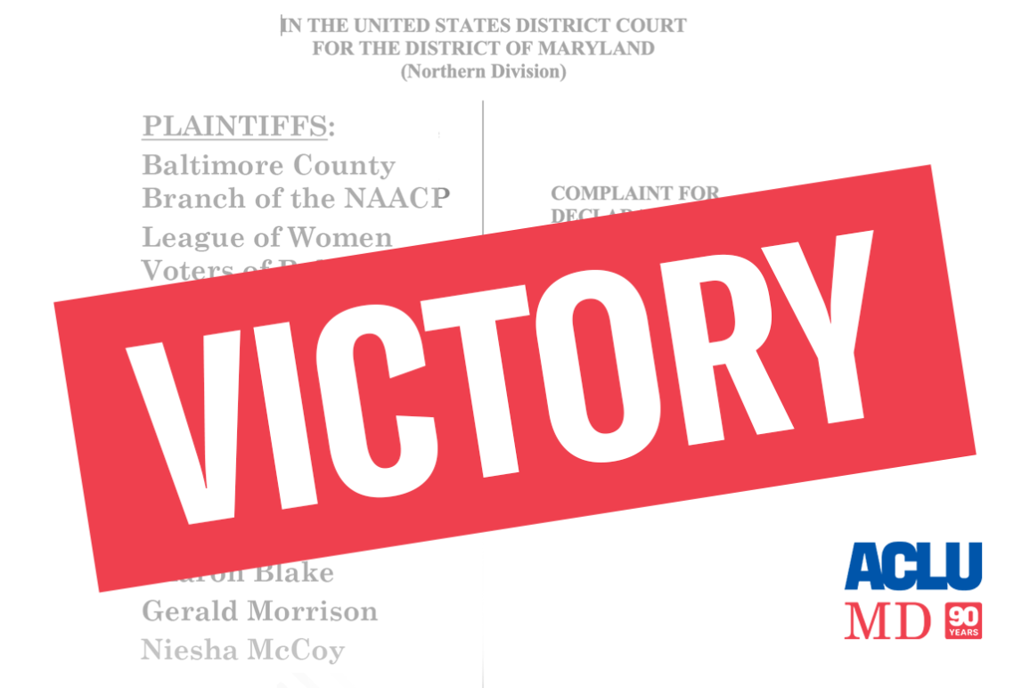Baltimore County redistricting lawsuit complaint image with list of plaintiffs and a red rectangle at an angle with white VICTORY letters.