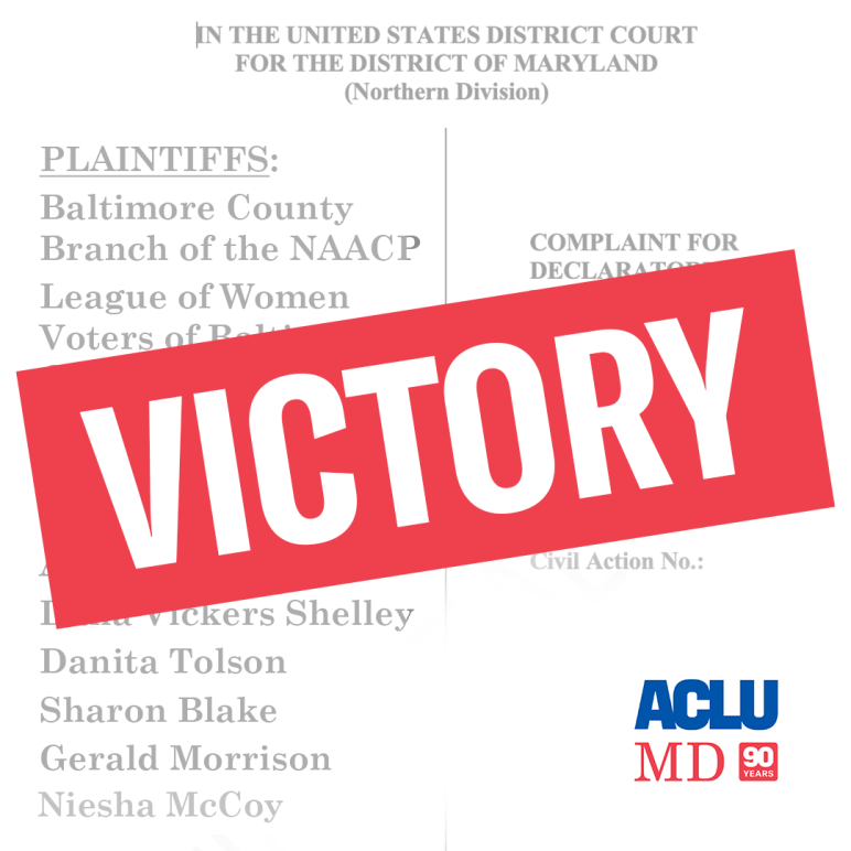 Baltimore County redistricting lawsuit complaint image with list of plaintiffs and a red rectangle at an angle with white VICTORY letters.