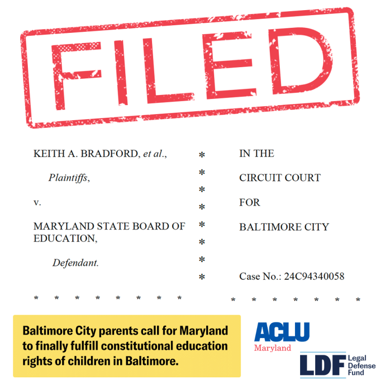 FILED stamp over a document for the Bradford v Maryland State Board of Education motion for summary judgment filing document. Yellow box says, "Baltimore City parents call for Maryland to fulfill constitutional education rights of children in Baltimore.