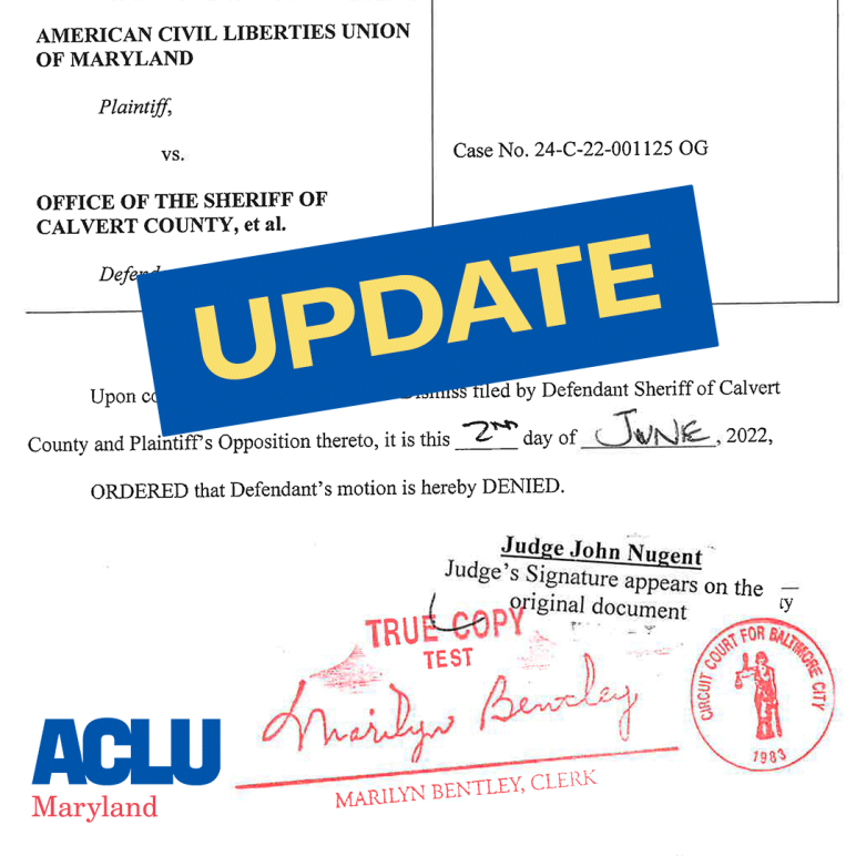 ACLU v. Calvert County lawsuit update. Stamped denied motion to dismiss document image.