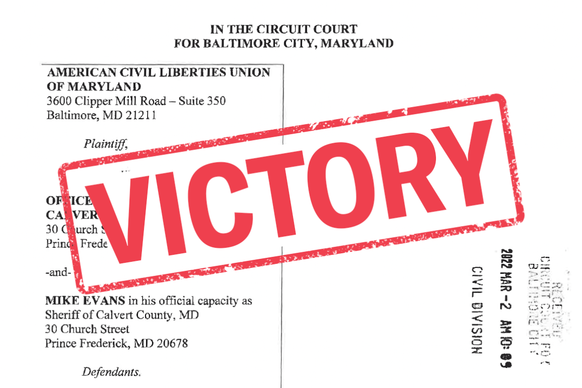 Victory stamp over the first page of the filed lawsuit, ACLU v. Calvert County.