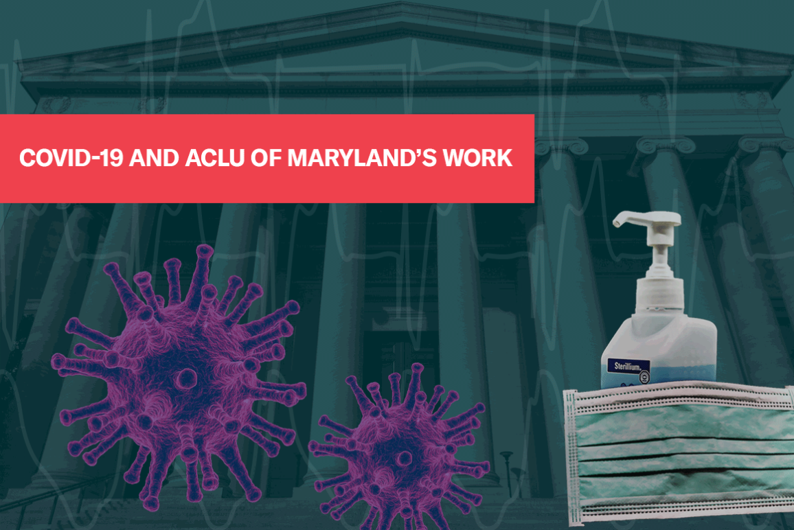COVID-19 and ACLU of Maryland's Work - collage image with coronavirus particle and hand sanitizer and mask in front of a courthouse