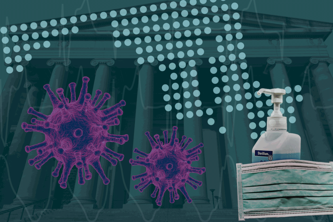 COVID-19 and the ACLU of Maryland's Work - coronavirus particles, a map of Maryland, hand sanitizer, face mask, and a court building.