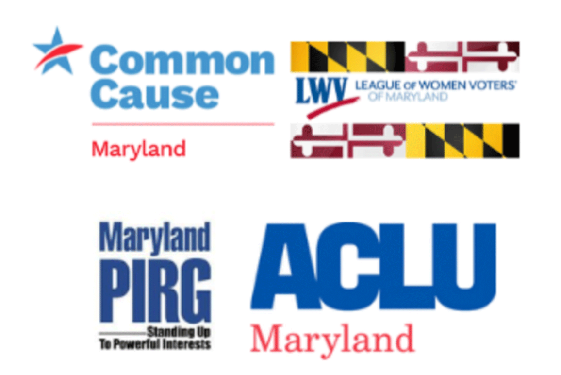 Logos for Common Cause Maryland, League of Women Voters of Maryland, Maryland PIRG, and ACLU of Maryland