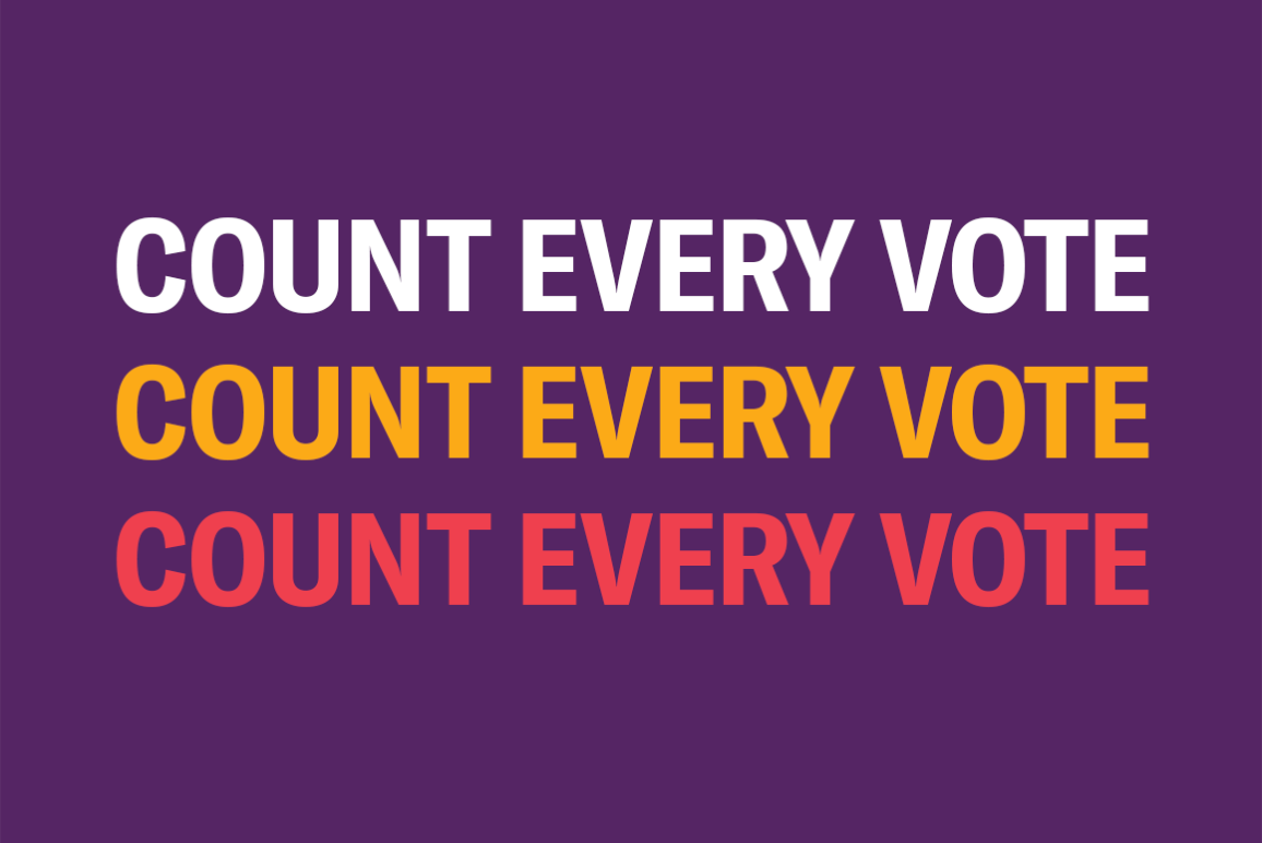 "Count Every Vote" three times in white, orange, and red.