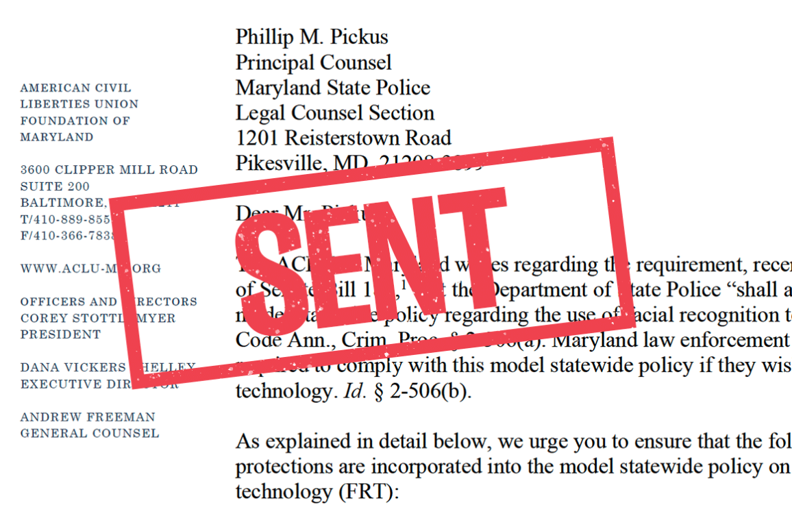 SENT stamp over letter ACLU of Maryland sent to the Maryland State Police.