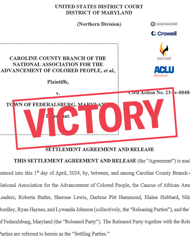 Victory stamp over the first page of the Caroline County v. Federalsburg lawsuit settlement.