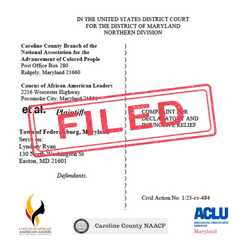 FILED stamp over the first page of the complaint filed in the Caroline County NAACP et al v Federalsburn lawsuit.