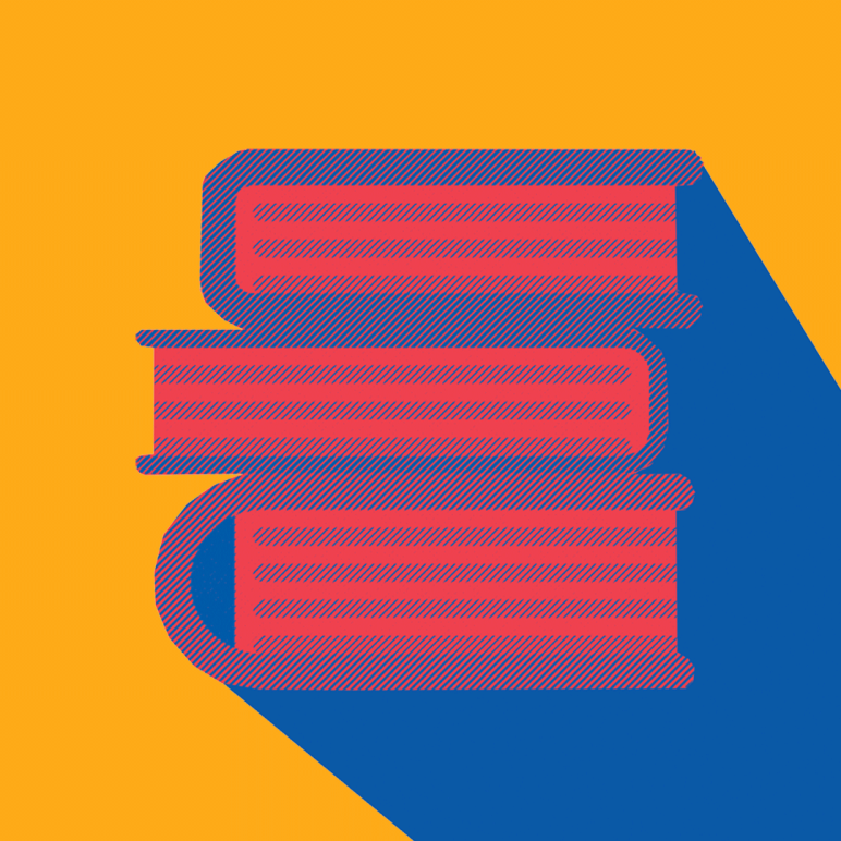 Yellow background with stacked books in red and blue.