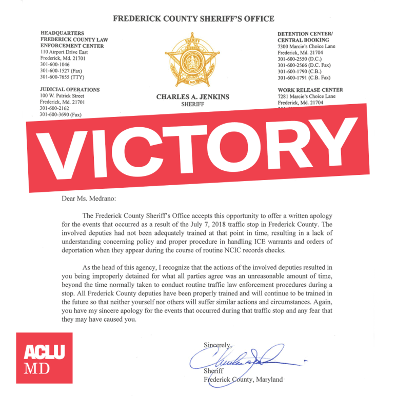 Image shows apology letter from Frederick County Chuck Jenkins to Sara Medrano, Latina resident and plaintiff in Medrano v. Jenkins. There is an angled red rectangle in the middle that says "Victory".