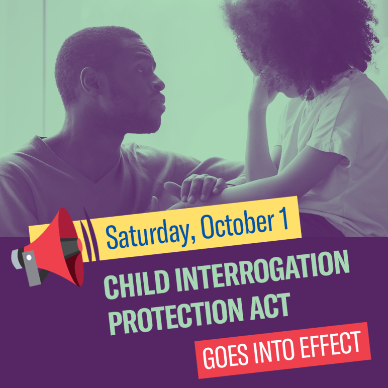 Saturday, October 1, Child Interrogation Protection Act goes into effect. A Black guardian comforts upset Black child.