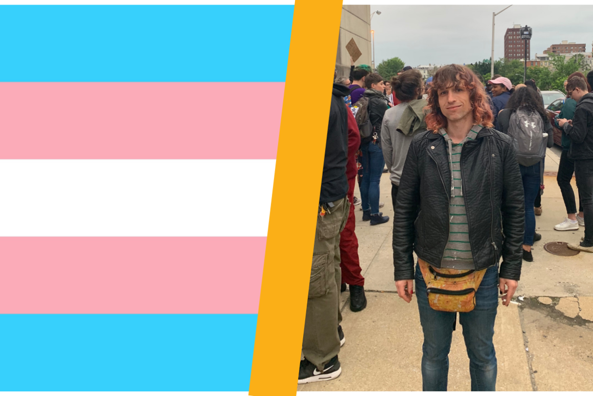 Trans Flag and Opal a trans woman in a black leather jacket with a fanny pack