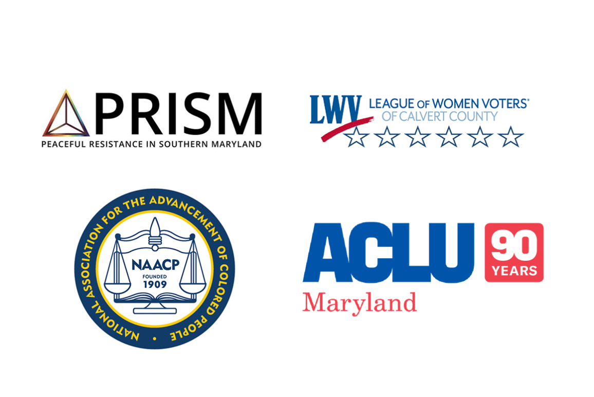 PRISM, League of Women Voters of Calvert County, NAACP, and ACLU of Maryland's 90th anniversary logo.