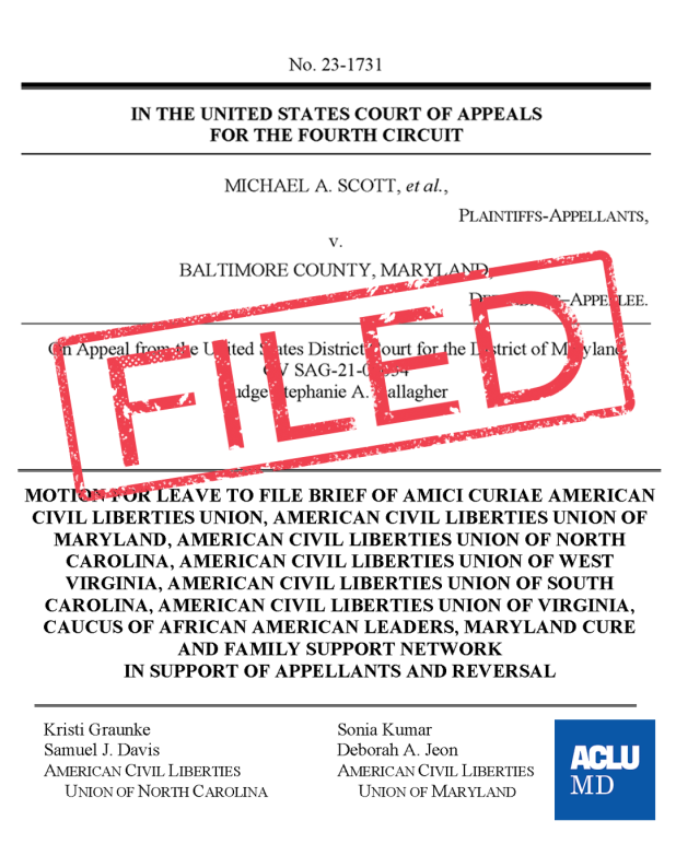 FILED stamp in red is over the first page of the PDF for an amicus brief in the U.S. Court of Appeals for the Fourth Circuit. ACLU of Maryland, ACLU of North Carolina, and other affiliates, filed an amicus brief to describe modern-day prison labor’s roots
