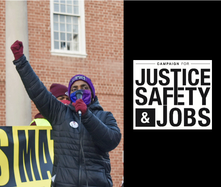 A black person with their fist raised at a rally is speaking into a mic and the Campaign for Justice, Safety, and Jobs CJSJ logo is on the right over a black background.