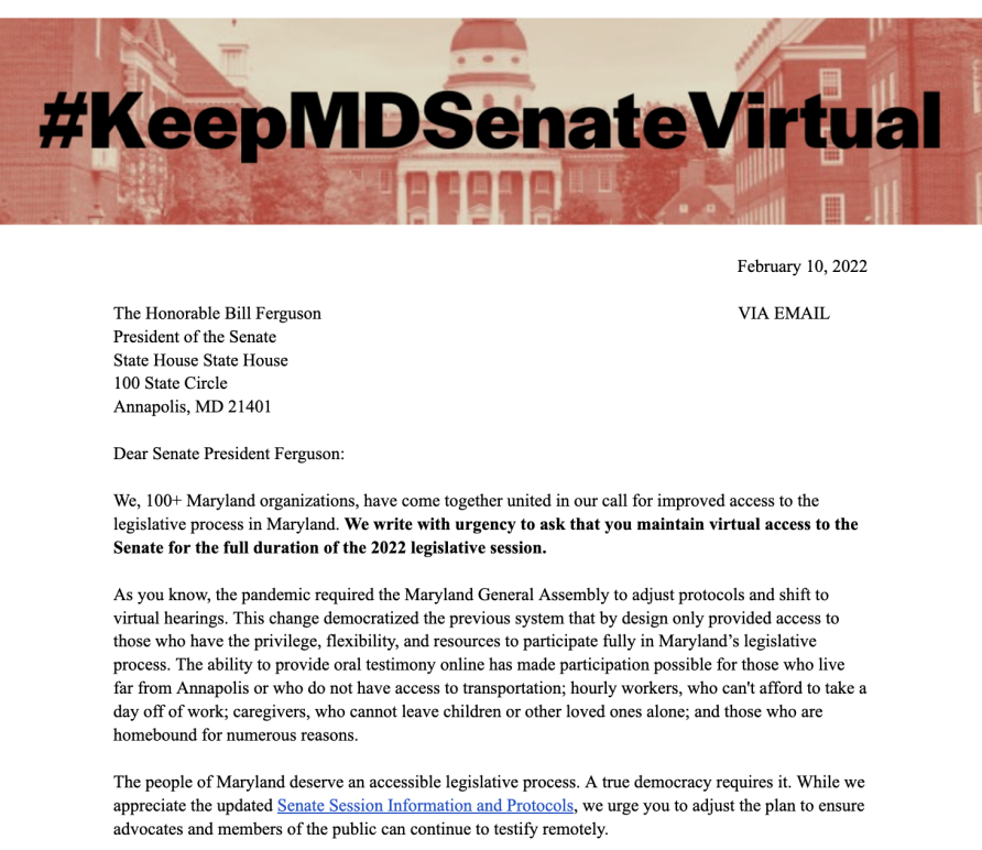 A screenshot of a letter sent by over 100 advocacy organizations with the top image of the Maryland State house with #KeepMDSenateVirtual in bold. The first few paragrpahs of the letter are visible.