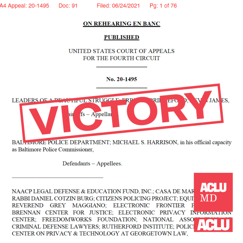 Victory stamp is angled over the first page of the 4th Circuit Opinion in the sply plane case, Leaders of a Beautiful Struggle v. Baltimore Police Department.