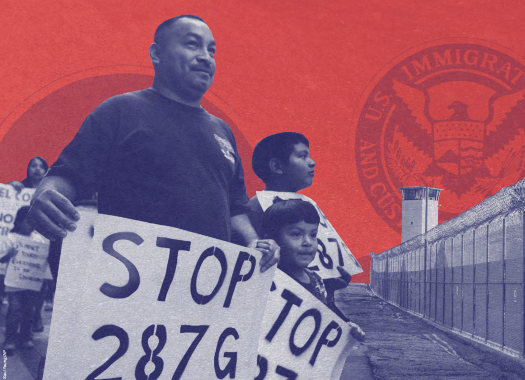 An adult and two Latinx children are holding protest signs that say "Stop 287g" and is on a collage with the US Immigration agency seal and a border wall. The image is on the cover of ACLU's report, "Licensed to Abuse."