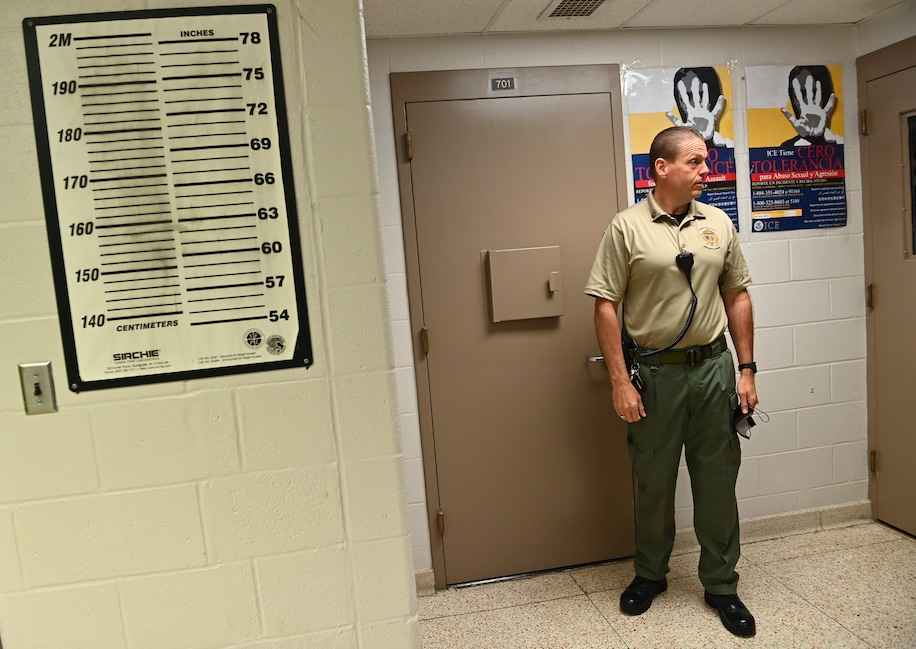 Assistant Warden Major Mike Cronise stands in the Immigration and Customs Enforcement facility at the Frederick County Detention Center on June 28 in Frederick. (Ricky Carioti/The Washington Post)