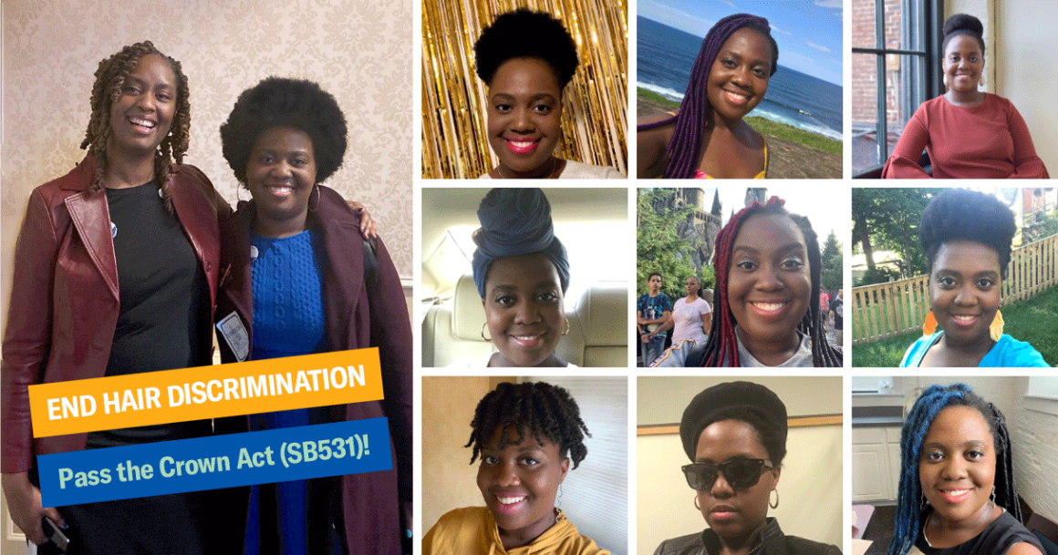 Image of Amber Taylor in a collage of nine photos of herself with different hairstyles, as well as one with Delegate Stephanie Smith, who is the sponsor of the Crown Act, SB531. Text on the image says, "End Hair Discrimination" and "Pass the Crown Act."