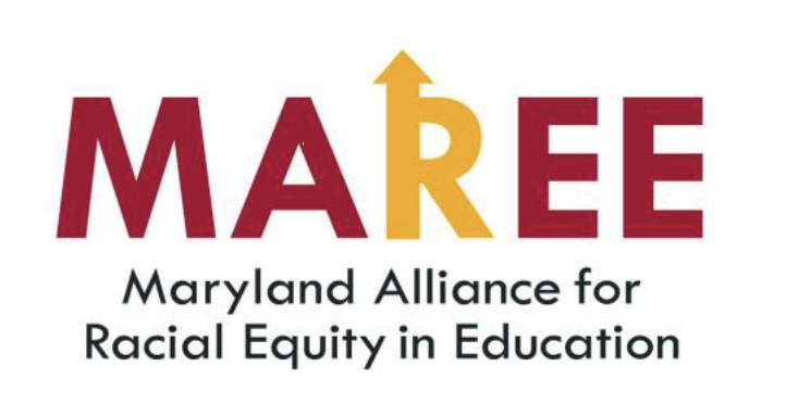 MAREE - Maryland Alliance for Racial Equity in Education logo is in red and yellow letters. The R has an arrow pointng upward. The acronym is above the spelled out words of the coalition name.
