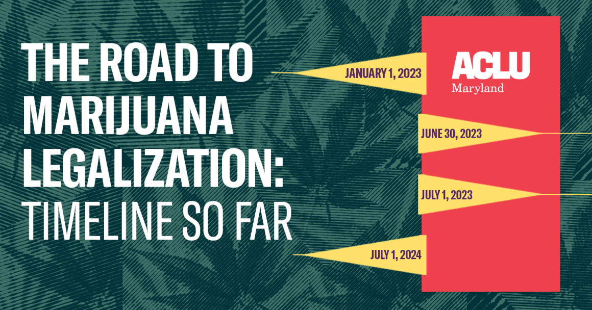 The Road to Marijuana Legalization: Timeline so far. January 1, 2023 through July 1, 2024. Background has dark green marijuana leaves as a background.  