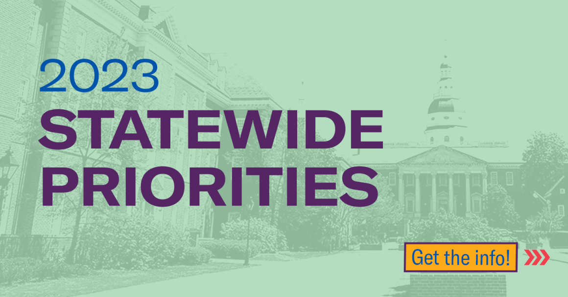 2023 Statewide Priorities. Get the info. Maryland state house is in the background photo and there is a light green filter on it.