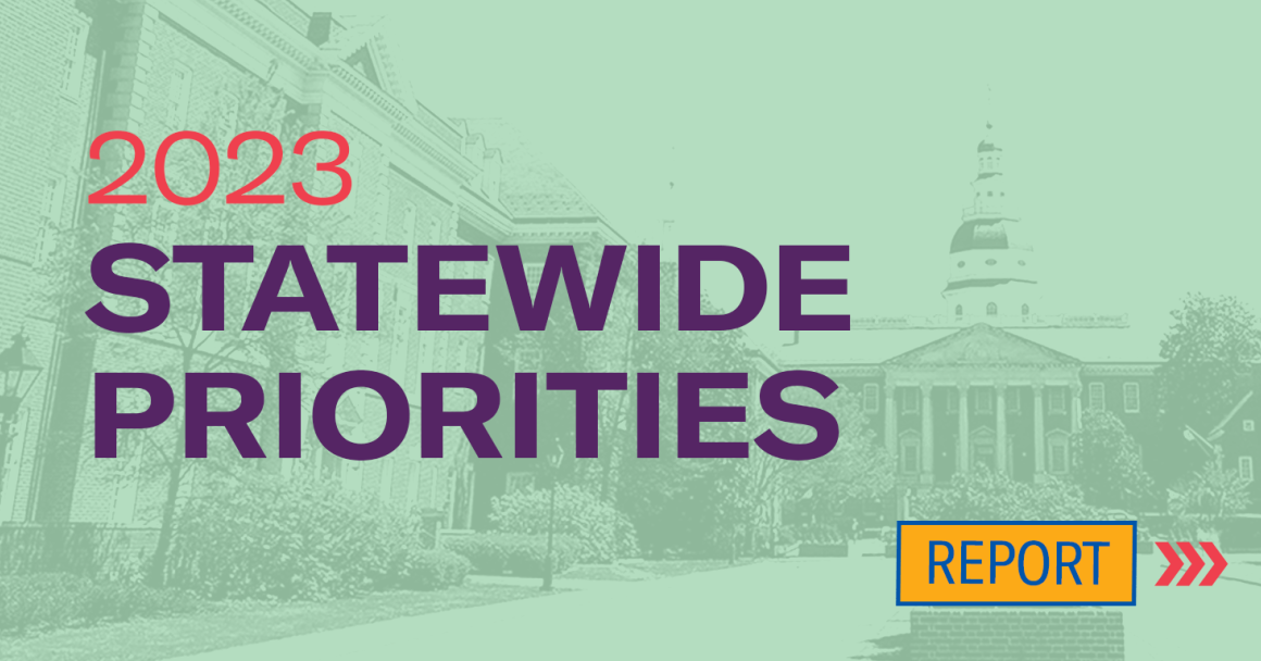2023 Statewide General Assembly Priorities Report. Title text is over a picture of the State House and has a light green filter on it.