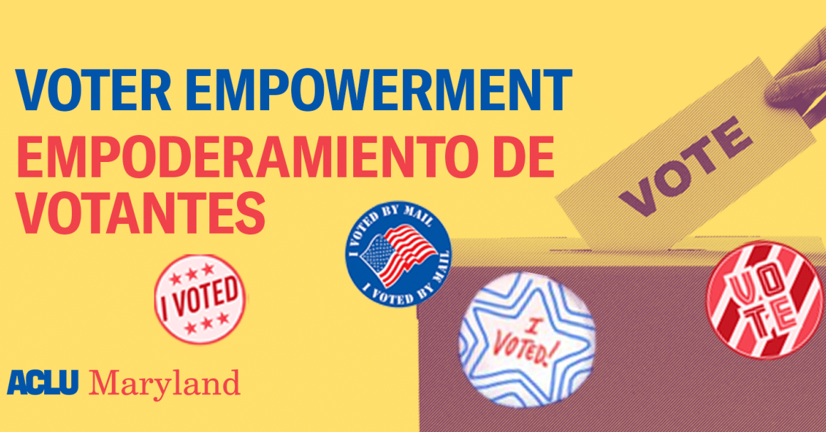 Yellow background with text that says, "Voter empowerment. Empoderamiento de votantes." There are four voting stickers and a hand putting a ballot in a ballot box.