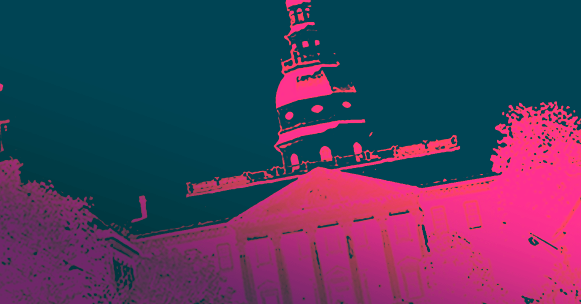 Maryland State House with a magenta filter and dark green background.