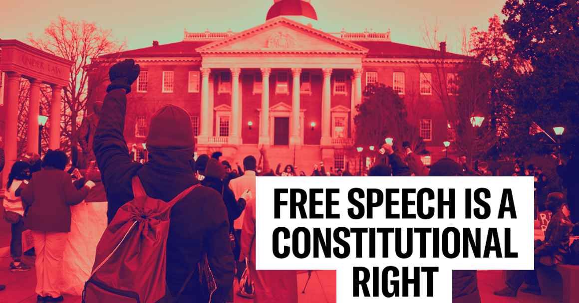 Free Speech is a Constitutional Right. Annapolis State House is in the background. People are at a rally in front of it. One person has a raised fist.