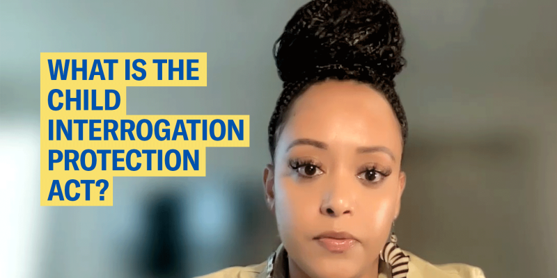 Yanet Amanuel is looking at the camera. She is a Black woman with latte colored skin and has her hair in braids in a bun on top of her head. The words say, "What is the Child Interrogation Protection Act?" The ACLU of Maryland logo is on the bottom left.