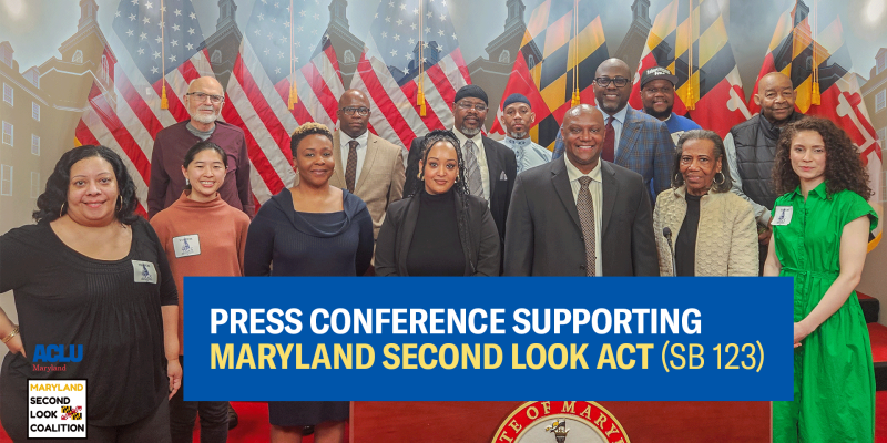 A group of advocates stand together at a press conference in Annapolis to call on the Maryland General Assembly to pass the Second Look Act (SB 123)