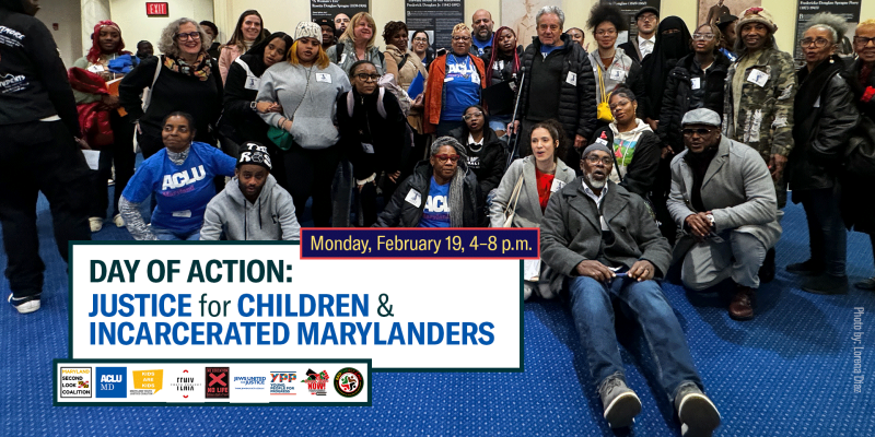 Day of Action: Justice for Children & Incarcerated Marylanders. Monday, February 19, 2024. Group photo of advocates and directly impacted Marylanders in Annapolis on Lobby Night for 2024 Maryland Legislative session. 