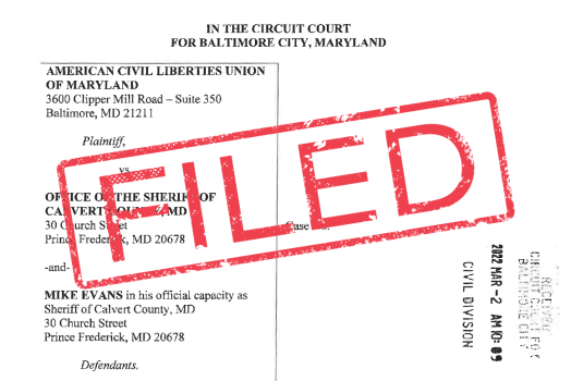 FILED stamp over page 1 of the filed complaint for the ACLU v Calvert County lawsuit about information act fees.