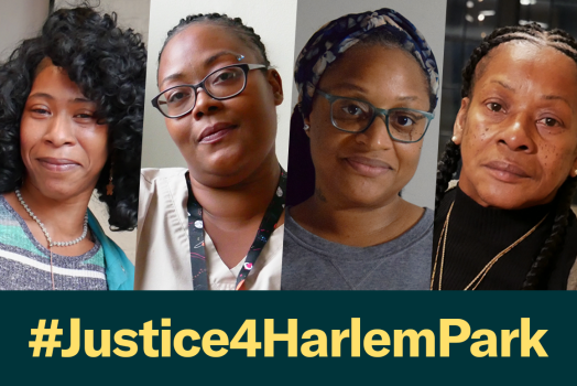 Photos of the four clients in the Harlem Park case Holmes v Baltimore Police Department with a dark green rectangle below with #Justice4HarlemPark in bold yellow letters