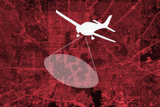 Police spy plane over map of Baltimore with a red overlay